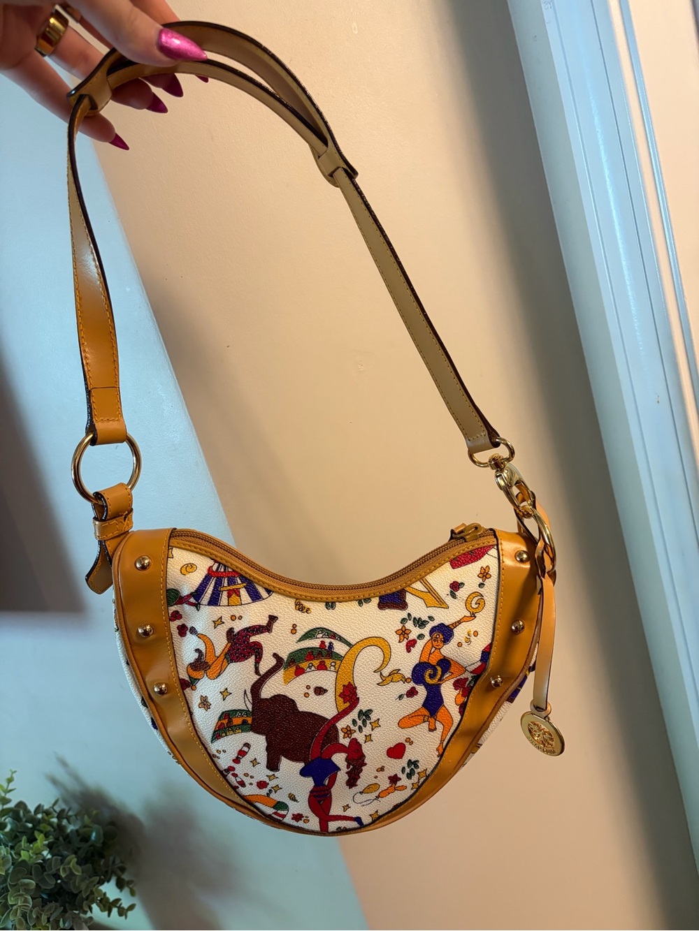 Piero Guidi Mustard Leather-Trim Circus Print Crescent Shoulder Bag
